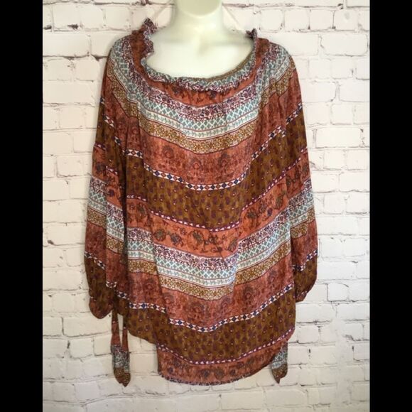 Beach lunch lounge Off Shoulder Rust Print Blouse Boho - Picture 1 of 10